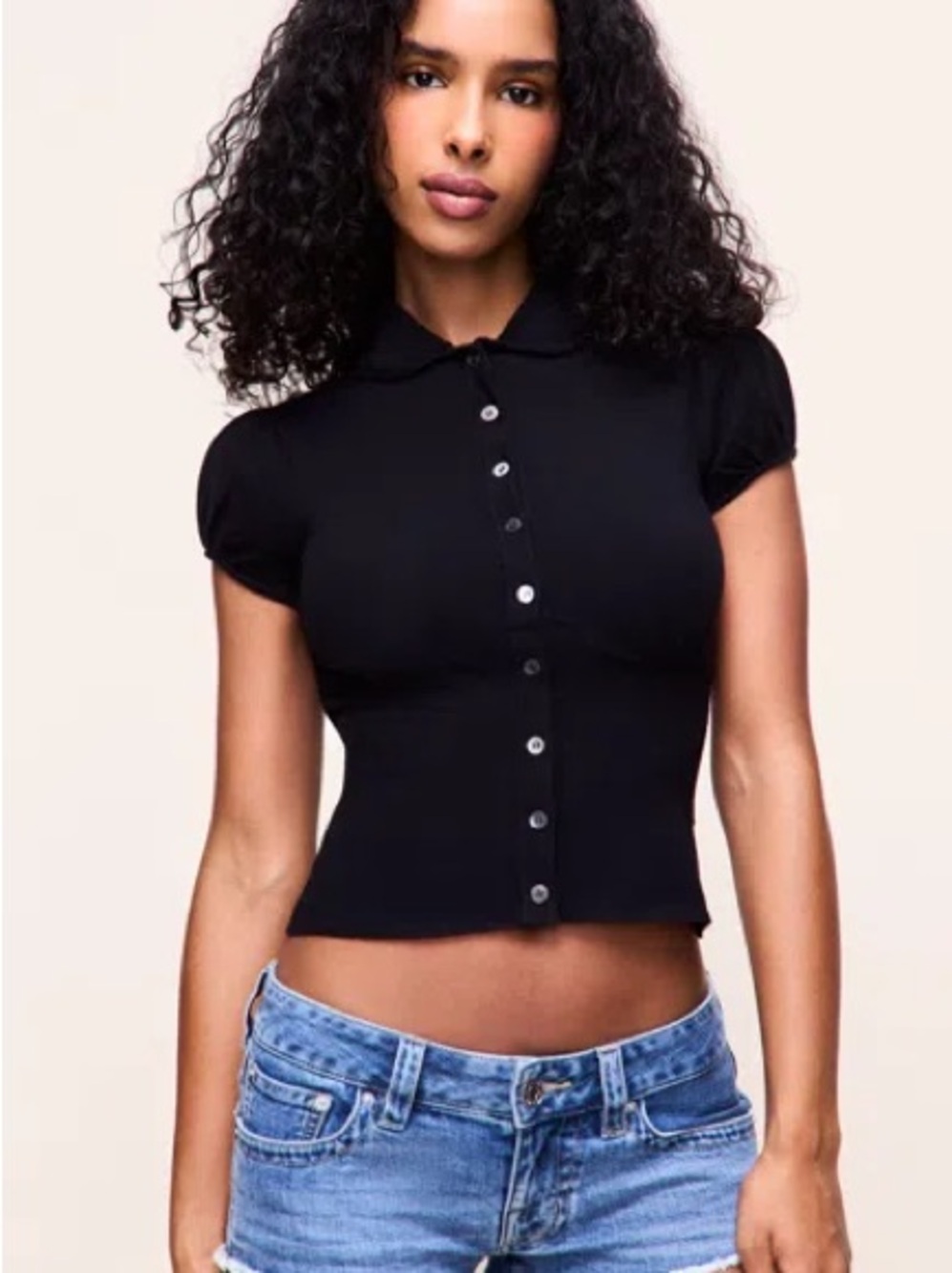 Danielle Guizio Liana Knit Top Black Button-Front Polo Crop Top